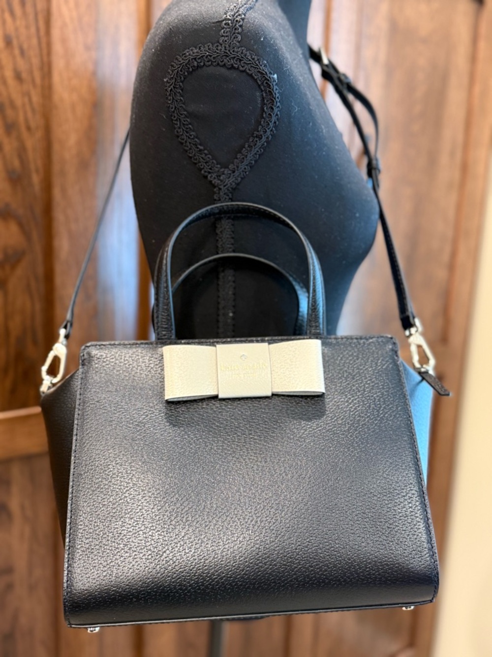 Kate Spade Black Leather Satchel with Cream Bow Accent